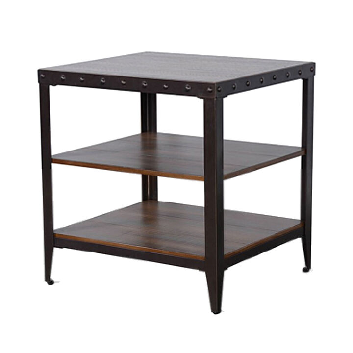 Ayka Side End Table w 2 Shelf, Nailhead, 24 Inch Rectangular Brown