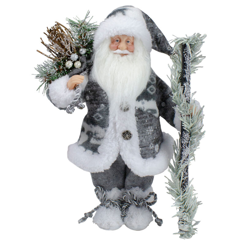 12" Country Patchwork Gray and White Santa Claus Christmas Figure image number 0