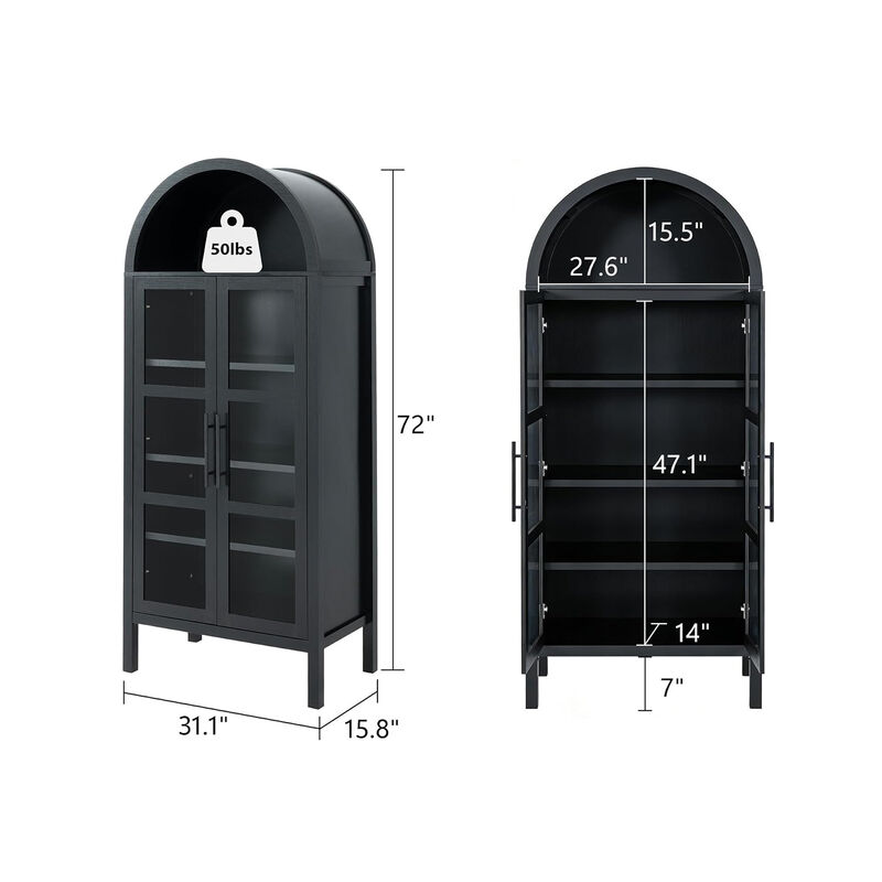 Tall Arched Glass Front Storage Cabinet, Multi‑Purpose Display Cabinet with Adjustable Shelves image number 2