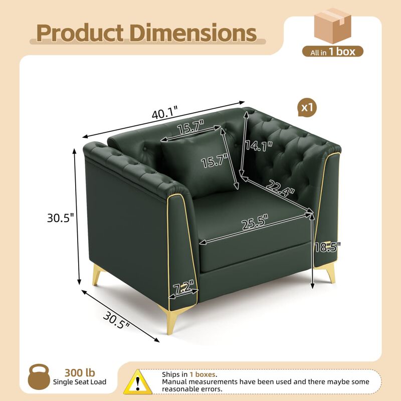 Chesterfield Accent Chair, Faux Leather Button Tufted Rolled Arm Chair, Modular 1 Seater with Metal Trim and Tapered Legs image number 2