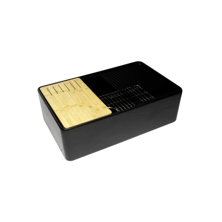 ALFI brand Black Matte Workstation 33 x 20 Single Bowl Step Rim Fireclay Farm Sink