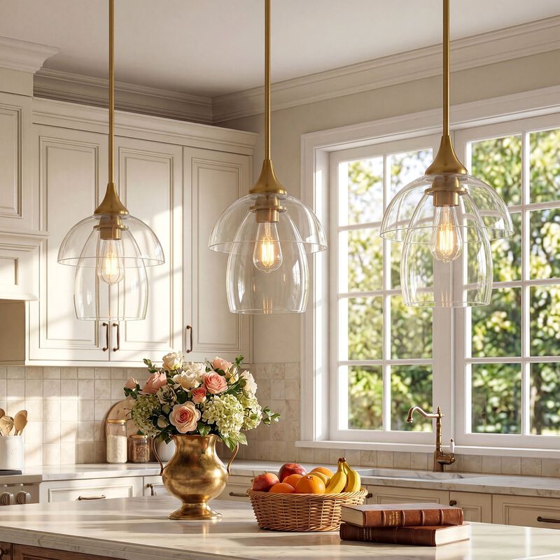 Gold Pendant Light with Tiered Clear Glass Shade, Adjustable Height image number 6