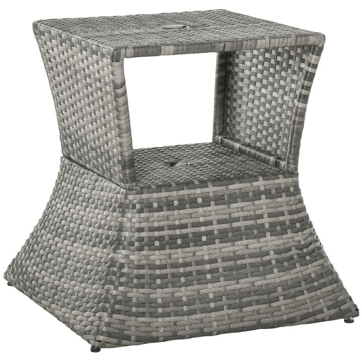 Outsunny Rattan Wicker Side Table with Umbrella Hole, 2 Tier Storage Shelf for All Weather for Outdoor, Patio, Garden, Backyard, Mixed Grey