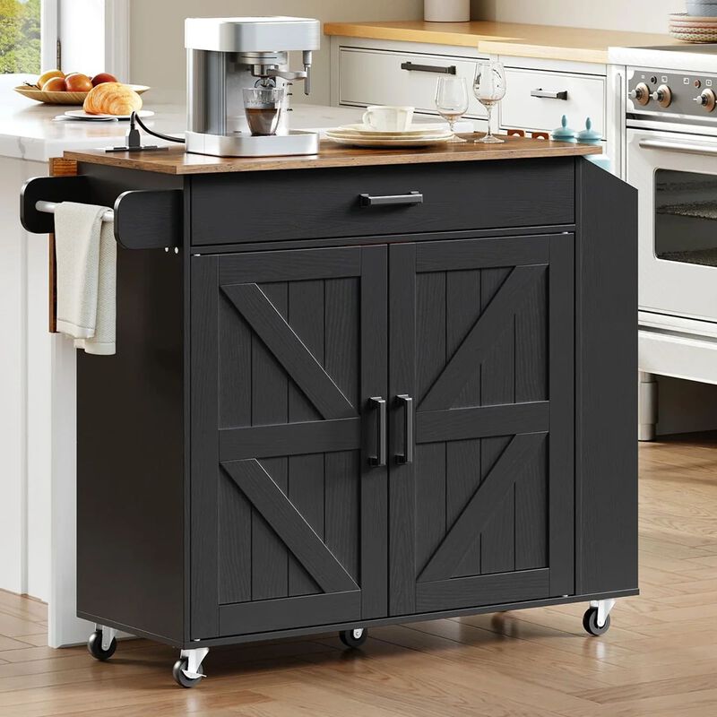 Rolling Kitchen Island with Drop Leaf Tabletop and Power Outlet Station- Black image number 4