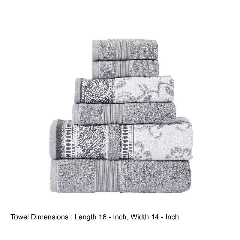 Veria 6 Piece Towel Set with Paisley and Floral Motif Pattern The Urban Port, Gray - Benzara