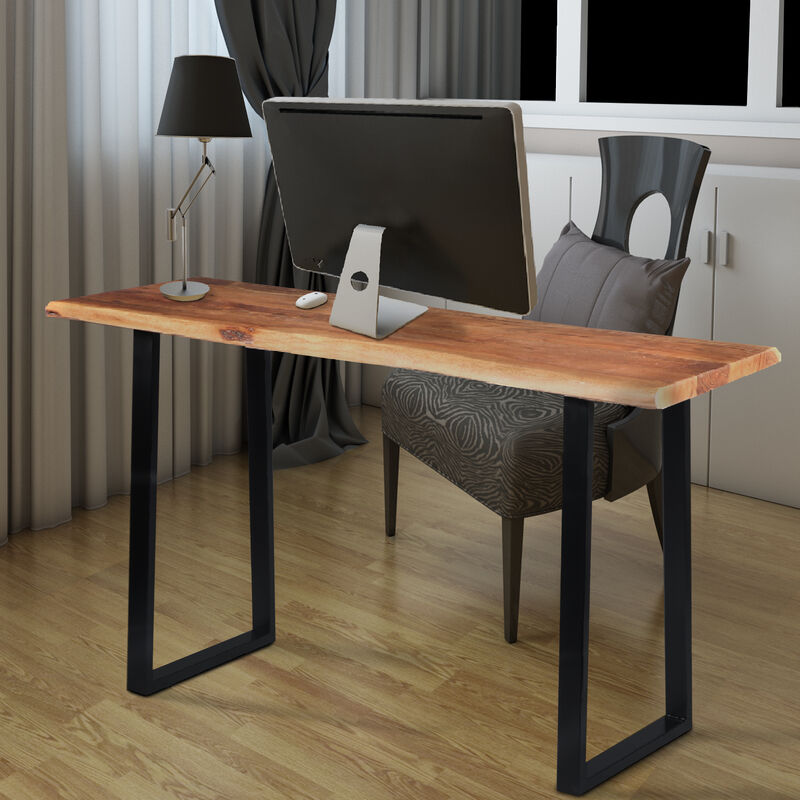 The Urban Port Industrial Wooden Live Edge Desk with Metal Sled Leg Support, Brown and Black