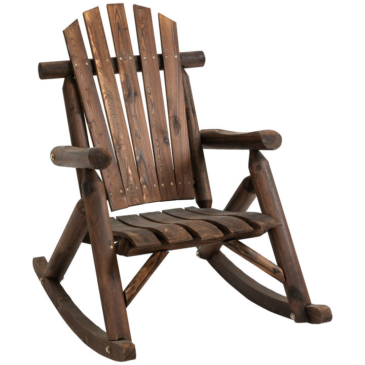 Outsunny Outdoor Wooden Rocking Chair, Single-person Rustic Adirondack Rocker with Slatted Seat, High Backrest, Armrests for Patio, Garden and Porch, Brown