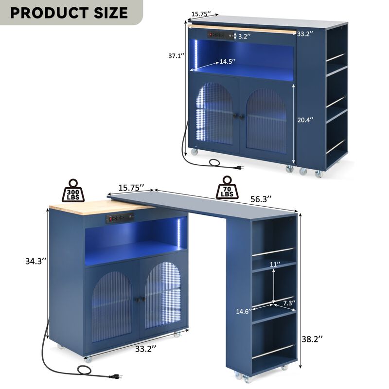 ELEMENT ACE Versatile Rolling Kitchen Island with Extendable Tabletop, LED Lighting, and Convenient Power Outlets image number 2