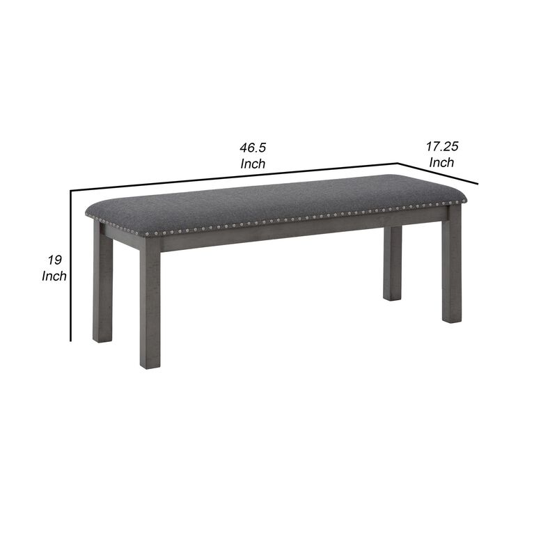 Fia 47 Inch Modern Bench, Antique Gray Wood, Gray Polyester Padded Seat-Benzara