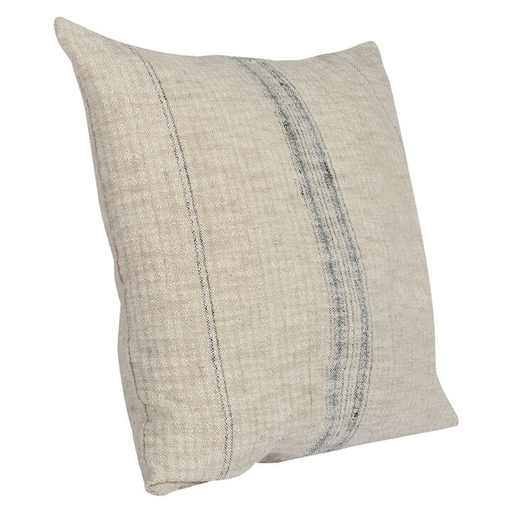 Tia 22 Inch Square Accent Throw Pillow with Woven Black Stripe, Beige Linen-Benzara