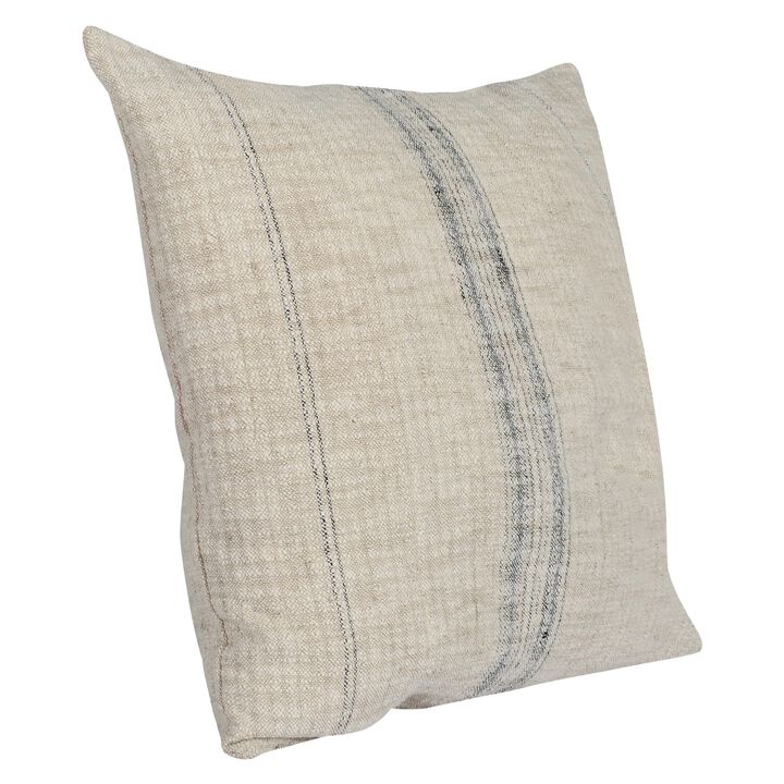 Tia 22 Inch Square Accent Throw Pillow with Woven Black Stripe, Beige Linen - Benzara