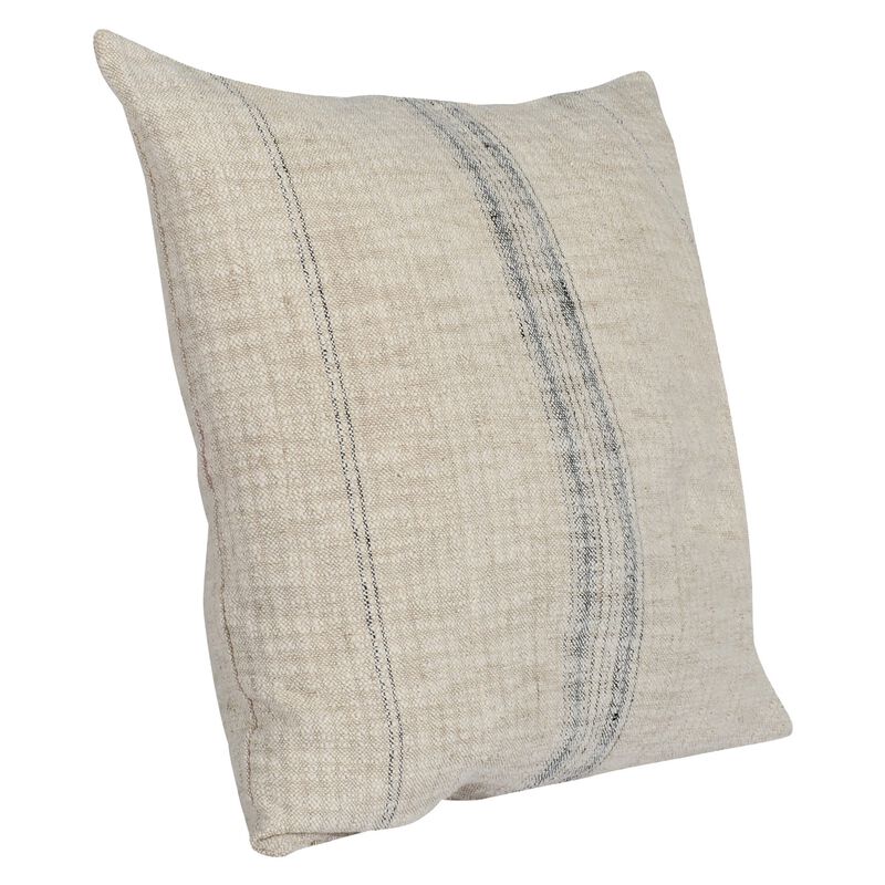 Tia 22 Inch Square Accent Throw Pillow with Woven Black Stripe, Beige Linen - Benzara