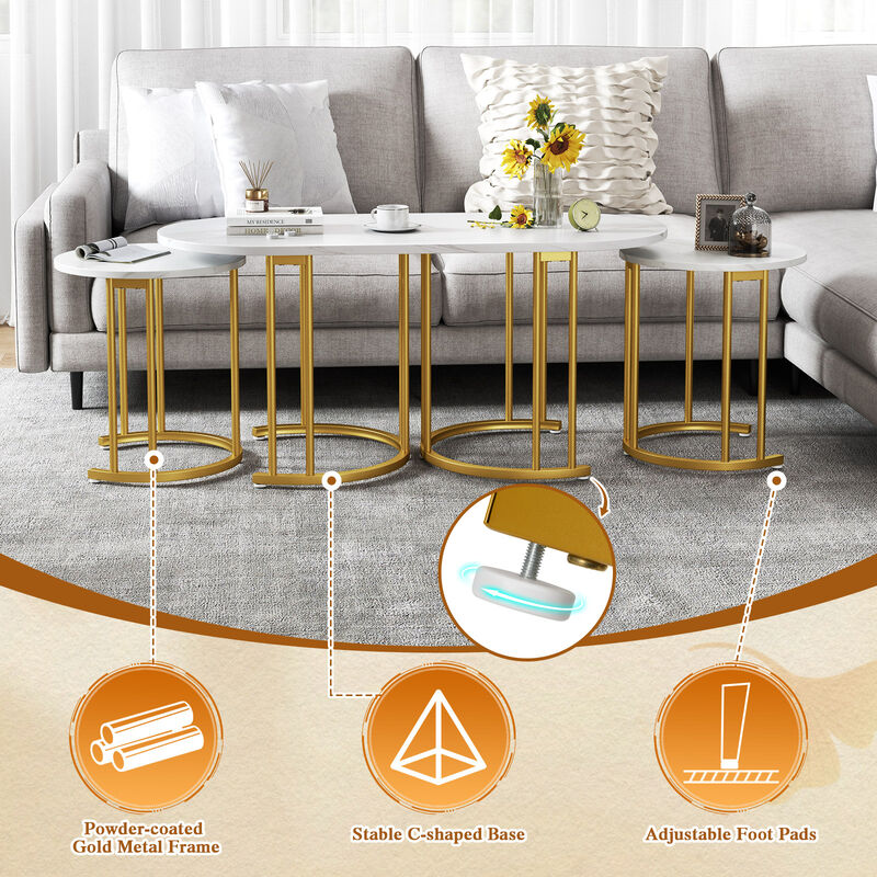Nesting Coffee Table Set of 3 with Faux Marble Tabletop and Powder-coated Gold Metal Frame image number 8
