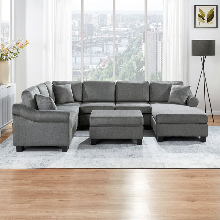 Merax U-shaped Sofa Chenille Upholstered Sofa Couch with Movable Storage Ottoman for Living Room