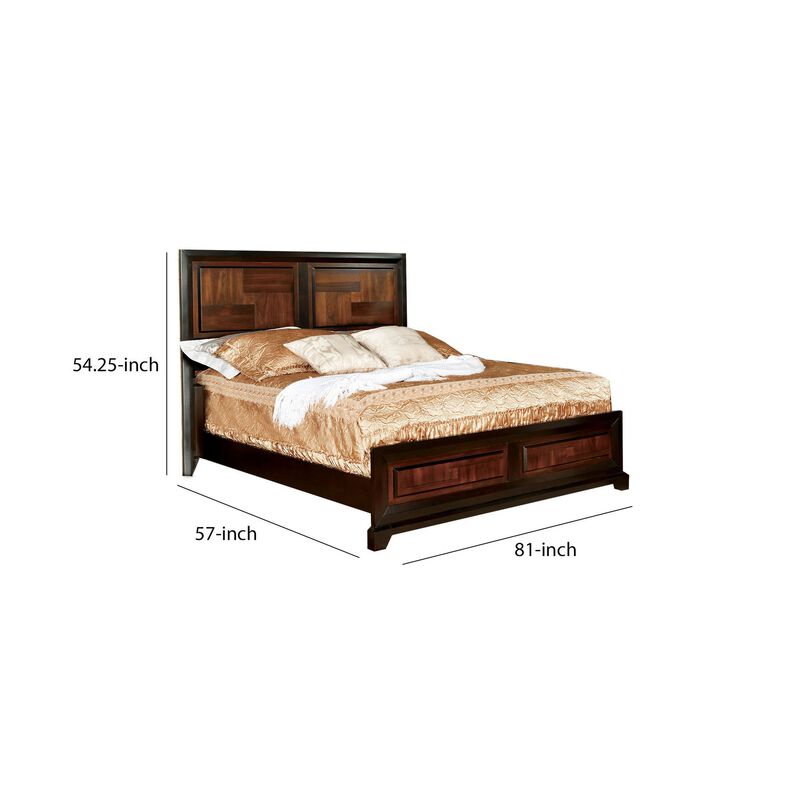 Full Size Wooden Transitional Bed with Parquet Pattern, Brown - Benzara