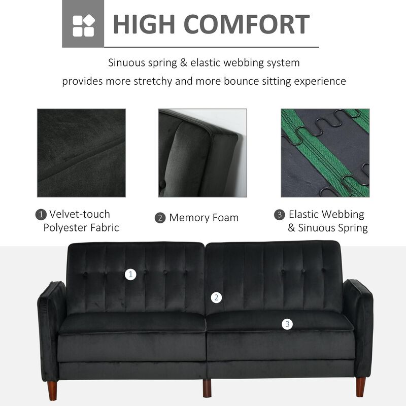 Sofa Bed Convertible Chair Sleeper Futon with Split Back Design Recline, Thick Padded Velvet-Touch Cushion and Wood Legs, Black
