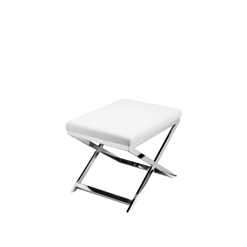 Sovi 20 Inch Accent Stool Ottoman, X Steel Legs, White Faux Leather - Benzara