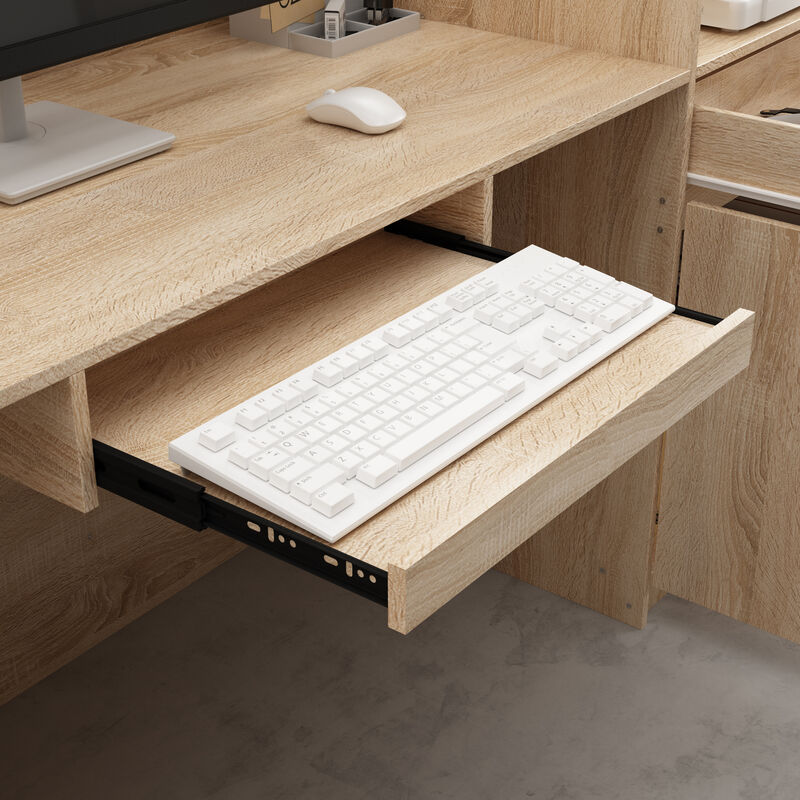 Reception Desk with Drawer & Cabinet, Reception Counter Desk with Keyboard Tray, Front Reception Table Retail Counter for Checkout, for Office Store, Oak and White, 25.2”D x 87.2”W x 47.2”H