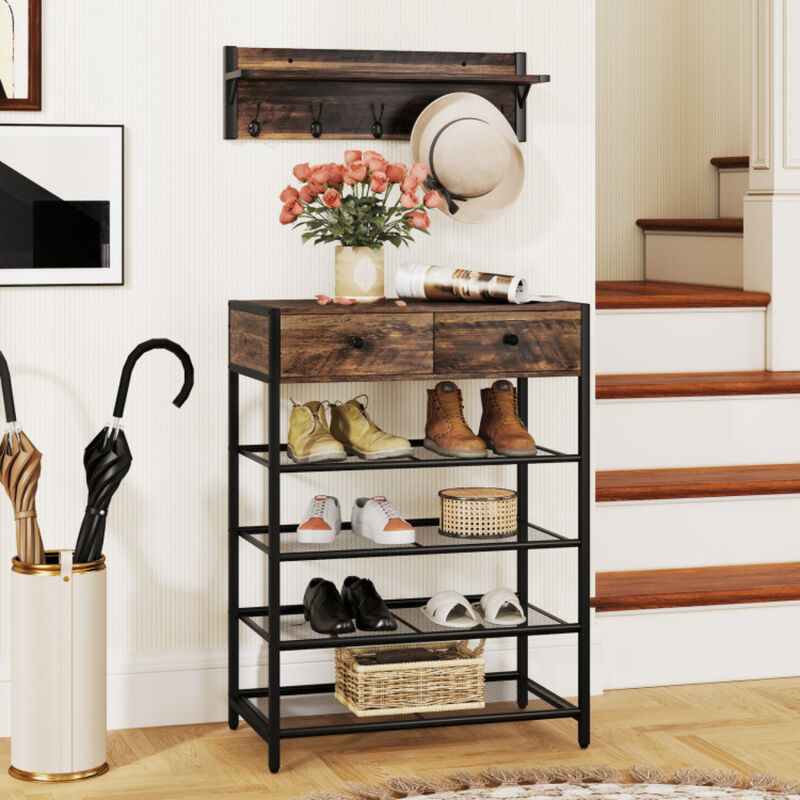 Set 5-Tier Shoe Rack with Wall-Mounted Coat Hanger For Entryway