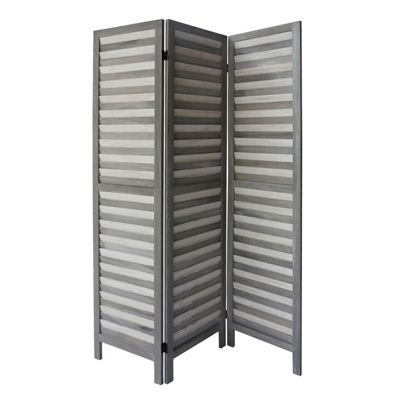 67 Inch Paulownia Wood Panel Divider Screen, Shutter Design, 3 Panels, Gray Stripes - Benzara image number 0