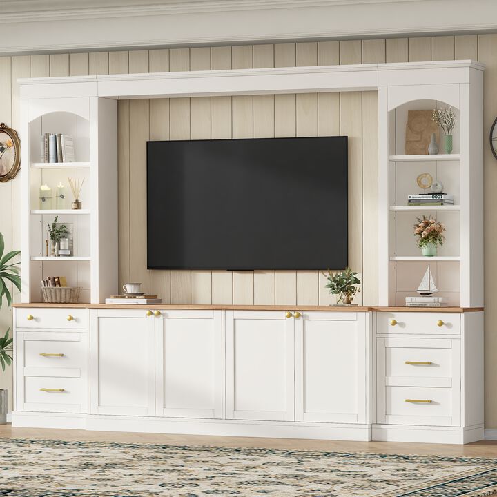 Whisen 106 Inch Farmhouse Entertainment Center with Drawers, Rustic TV Stand & Bookshelf Media Console for Living Room
