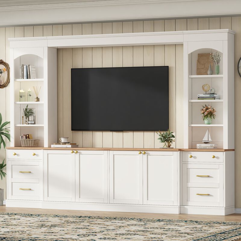Whisen 106 Inch Farmhouse Entertainment Center with Drawers, Rustic TV Stand & Bookshelf Media Console for Living Room image number 1