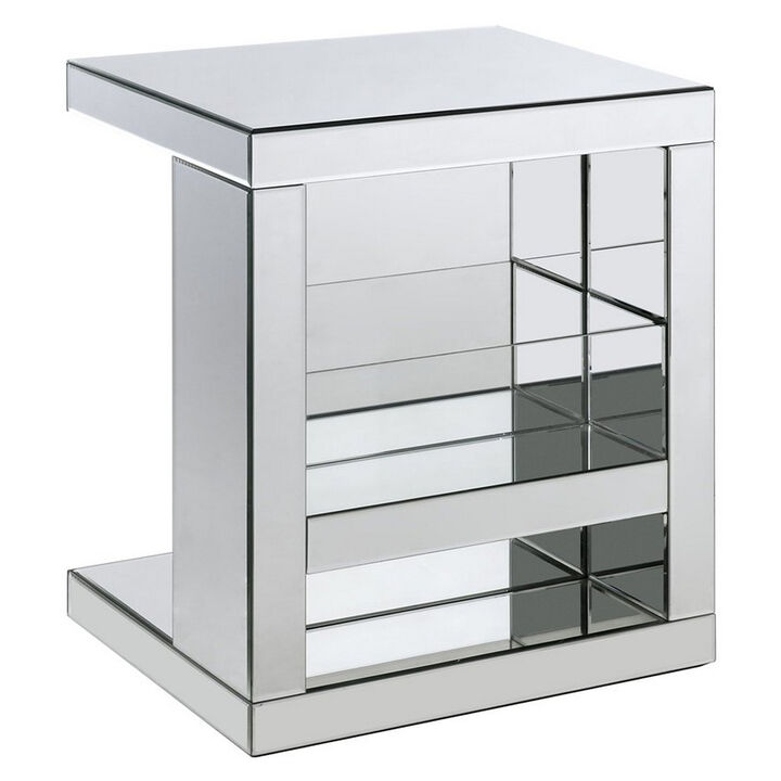 Accent Table with Mirrored Panels and C Shape, Silver