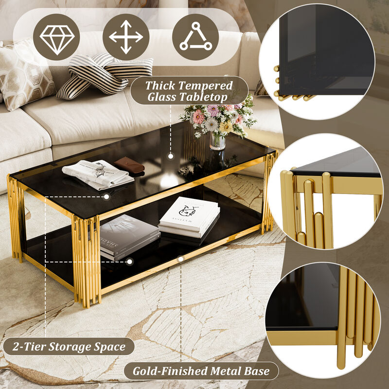 Merax Modern Black Mirror Coffee Table - Gold Asymmetrical Metal Frame with Lower Shelf