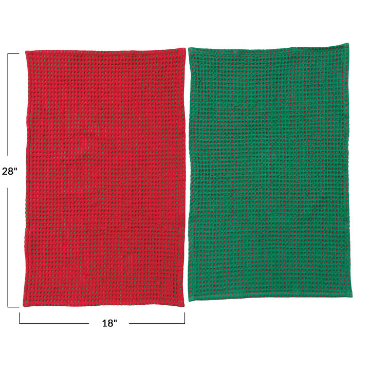 Cotton Waffle Weave Tea Towels with Kantha Stitch, Red and Green, Set of 2 in Cotton Bag