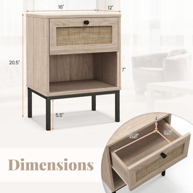 Hivvago Rattan Nightstand Boho End Table with Rattan Drawer and Open Shelf Set of 2