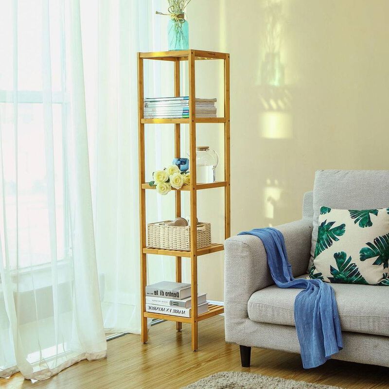 Slim 4-Shelf Wicker Wooden Shelving Unit Storage Rack Bookcase image number 1