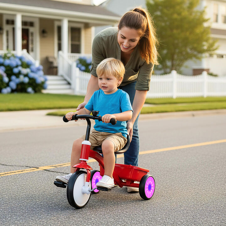 Kids Tricycle with Light Up Wheels and 4 Level Adjustable Seat