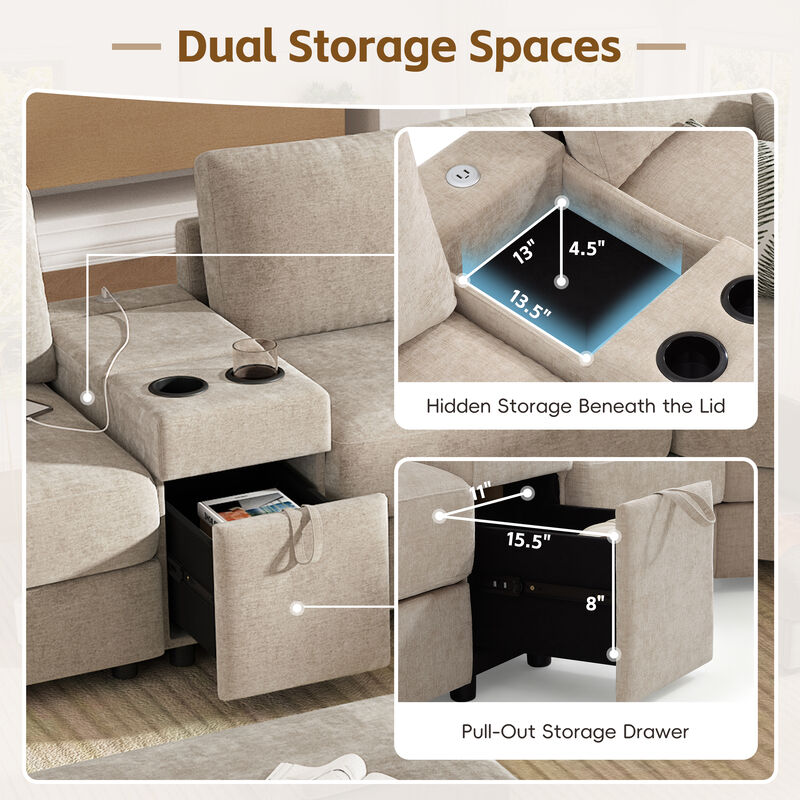 Merax Customizable Modular Sofa with Cloud-Like Comfort, Movable Ottoman, Flippable Console Lid image number 8
