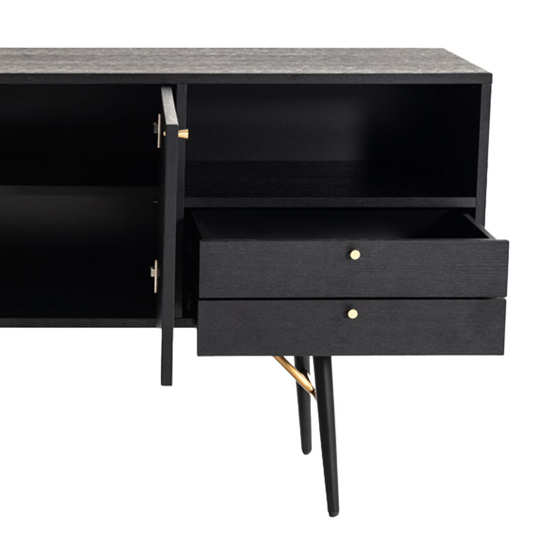 Belo Sideboard Buffet Console, 2 Drawers, Gold Accent, Black, 63 Inch - Benzara