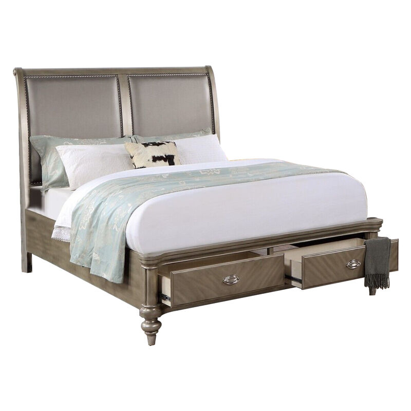 Ella Modern California King Storage Bed, Faux Leather Upholstery, Gold - Benzara