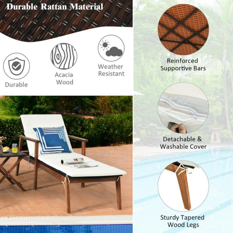 Hivvago 3 Pieces Portable Patio Cushioned Rattan Lounge Chair Set with Folding Table