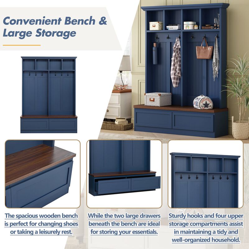 Clihome Farmhouse 4-in-1 Hall Tree with Wood Grain Bench with 2 Large Drawer for Hallway image number 3
