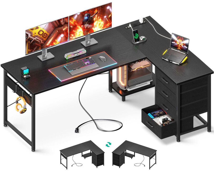AODK L Shaped Desk with 4 Tier Drawers, 61 Reversible Gaming Desk with Power Outlets, L Shaped Computer Desk with USB Charging