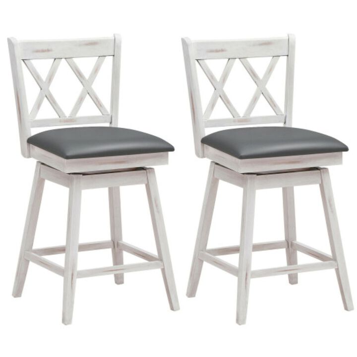 2 Pieces 25 Inch Swivel Counter Height Barstool Set with Rubber Wood Legs - White