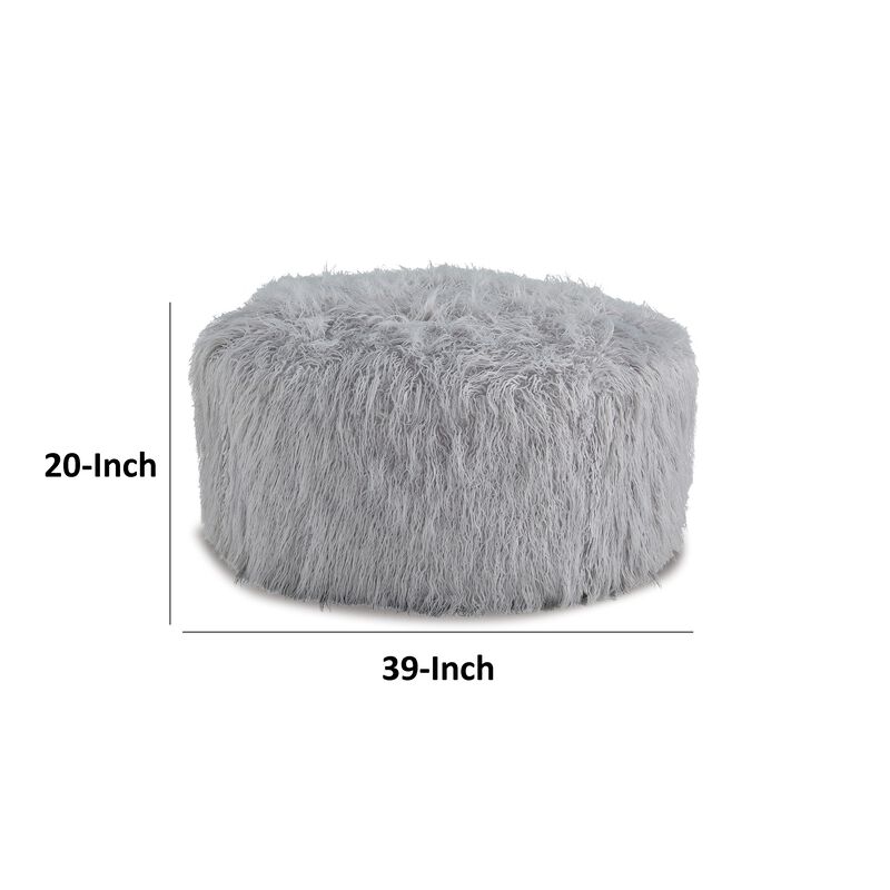 Lacey Oversized Accent Ottoman, Light Gray Faux Fur, Soft Cushion, 39 Inch - Benzara