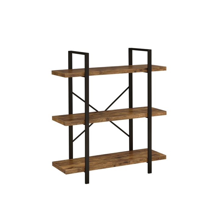 Ana 40 Inch Wood Bookcase, 3 Shelves, Crossed Metal Design, Rustic Brown-Benzara