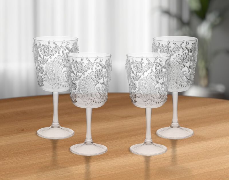 HomeRoots Set of Four Clear Paisley Acrylic Stemmed All Purpose Wine Glass image number 1