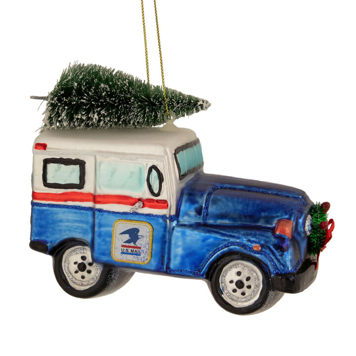5" Blue and White "U.S. Mail" Service Truck with Tree Glass Christmas Ornament