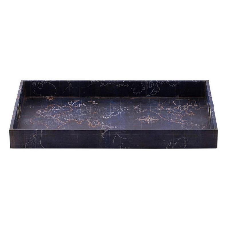 25 Inch Set of 2 Rectangular Decorative Trays, Gold Map Design, Deep Blue - Benzara