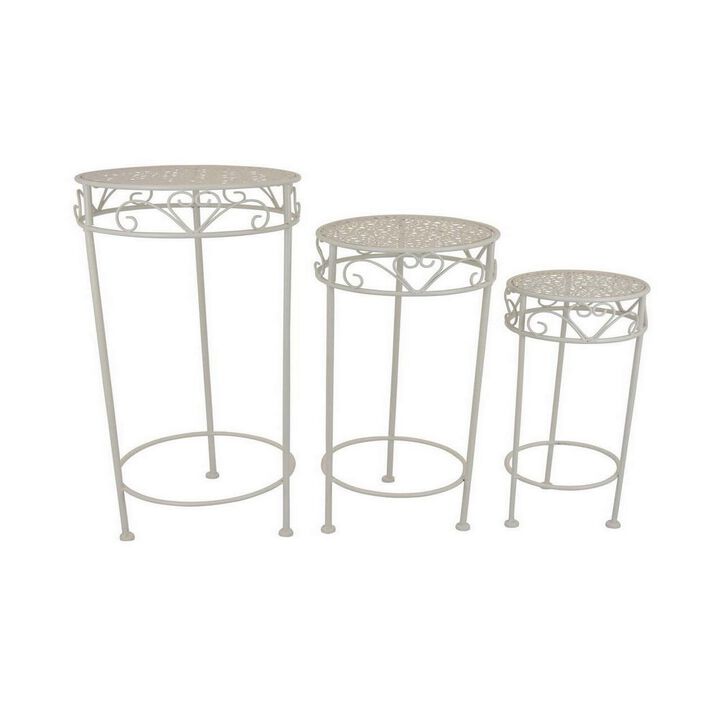 Kyi Nesting Plant Stand Set of 3, Round Carved Cutout Display, Ivory Metal - Benzara