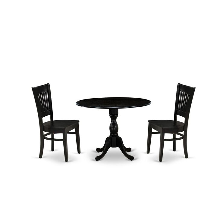 East West Furniture - DMVA3-BLK-W - 3-Pc Kitchen Dining Set- 2 Modern Chair with Wooden Seat and Slatted Chair Back - Drop Leaves Dining Table - Black Finish