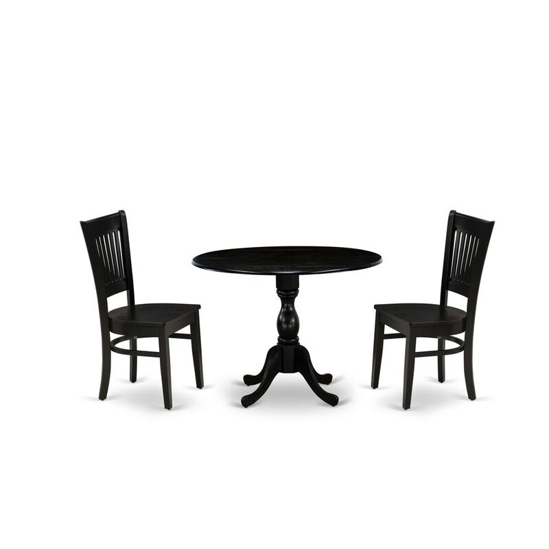 East West Furniture - DMVA3-BLK-W - 3-Pc Kitchen Dining Set- 2 Modern Chair with Wooden Seat and Slatted Chair Back - Drop Leaves Dining Table - Black Finish