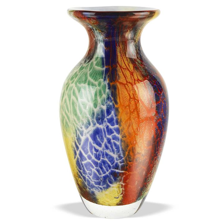HomeRoots 11" Blue Green And Orange Urn Murano Glass Table Vase
