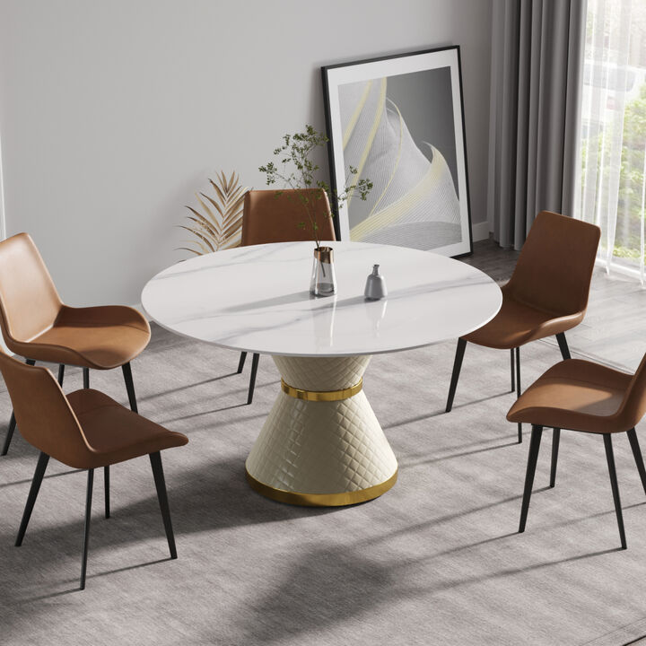 53.15" Modern artificial stone round white carbon steel base dining table-can accommodate 6 people