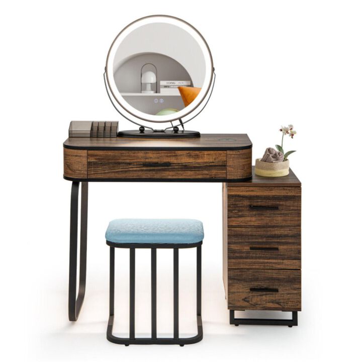 Hivvago Vanity Table Set with 3-Color Lighted Mirror and Charging Station-Brown